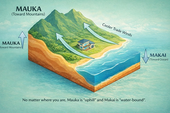 Diagram showing mauka (mountains) and makai (ocean) directions
