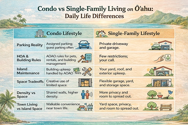 Condo vs single-family home comparison graphic for Oʻahu homebuyers
