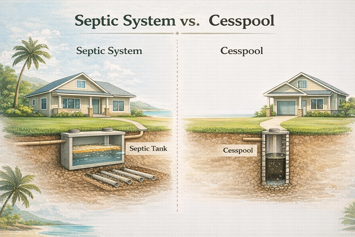 Simple diagram comparing a septic system and a cesspool