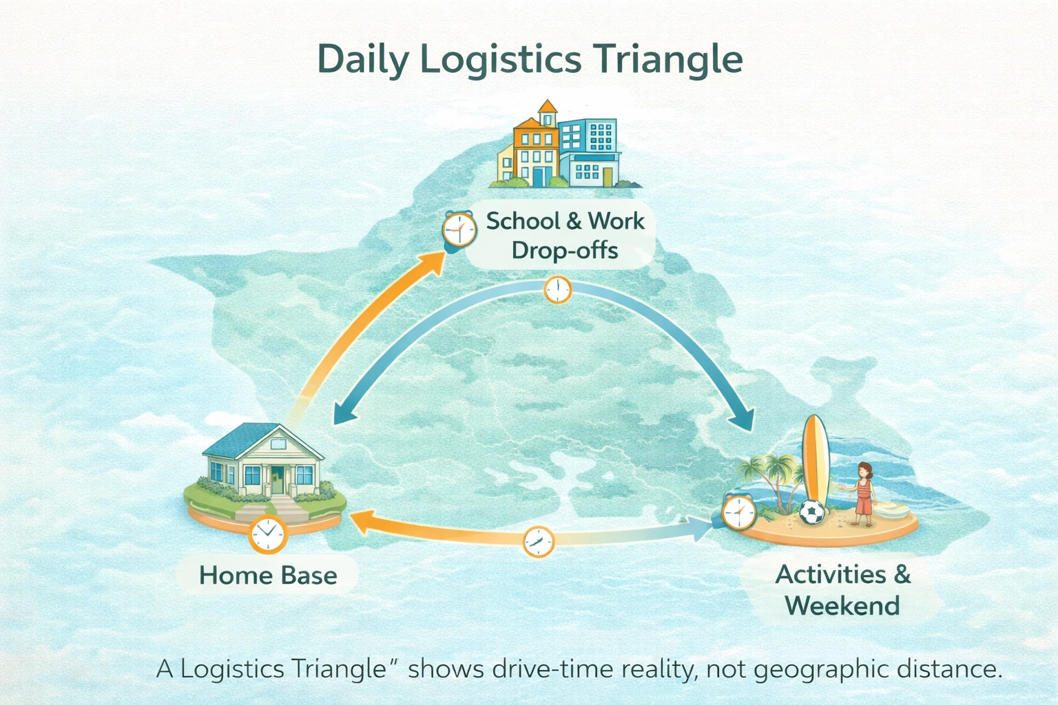 Home, school, and activities drive-time triangle on Oʻahu