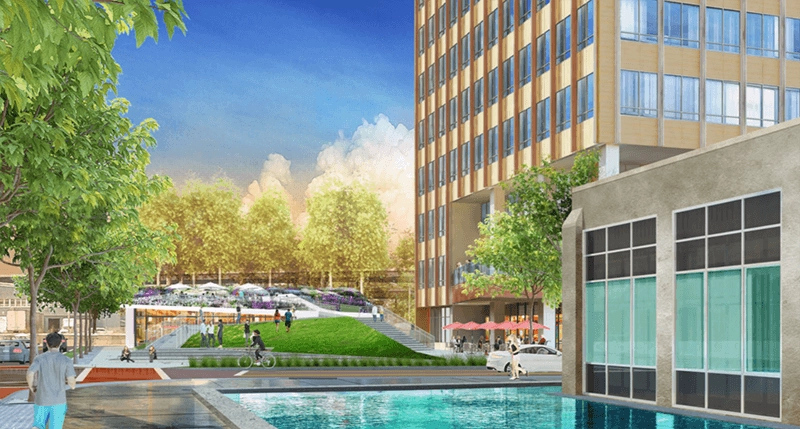 Architectural rendering of Stack Street Park and its bicycle pavilion