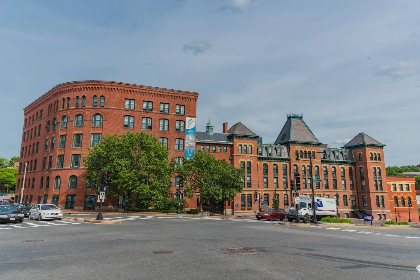 Historic red-brick Baker Chocolate Factory apartment buildings in Dorchester’s Lower Mills