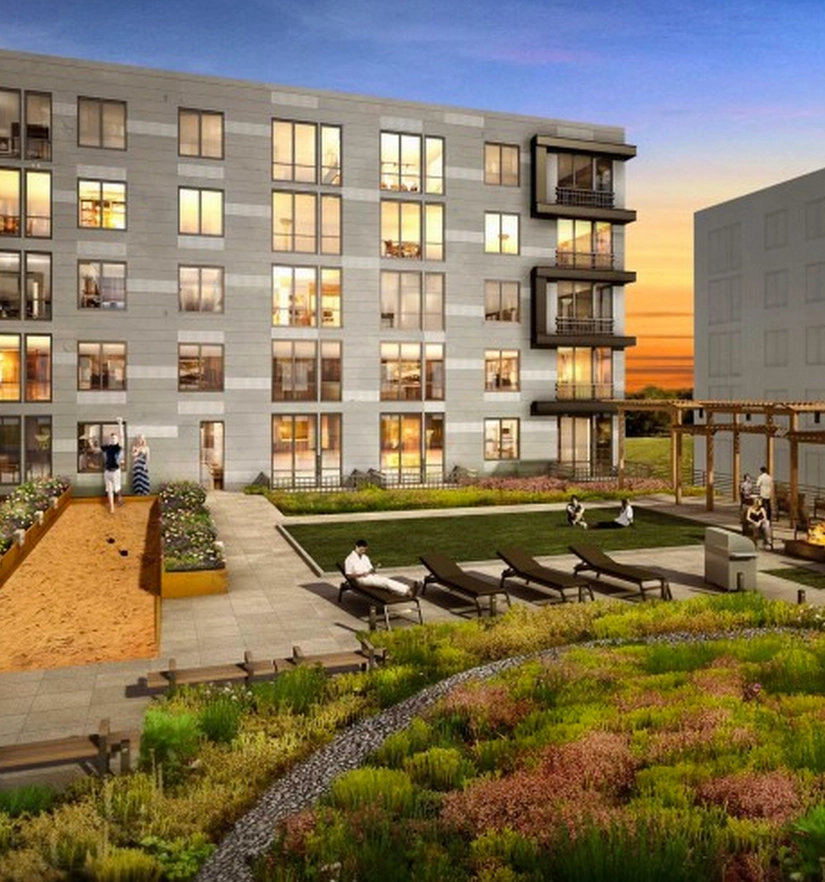 Legacy architectural rendering of Flats on D showing its apartment facade and landscaped courtyard