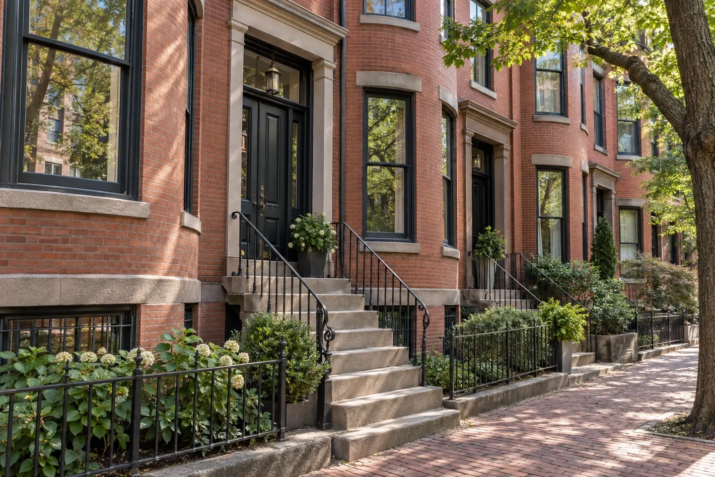 Illustration of Boston-inspired brick row houses with front steps, black doors and leafy trees