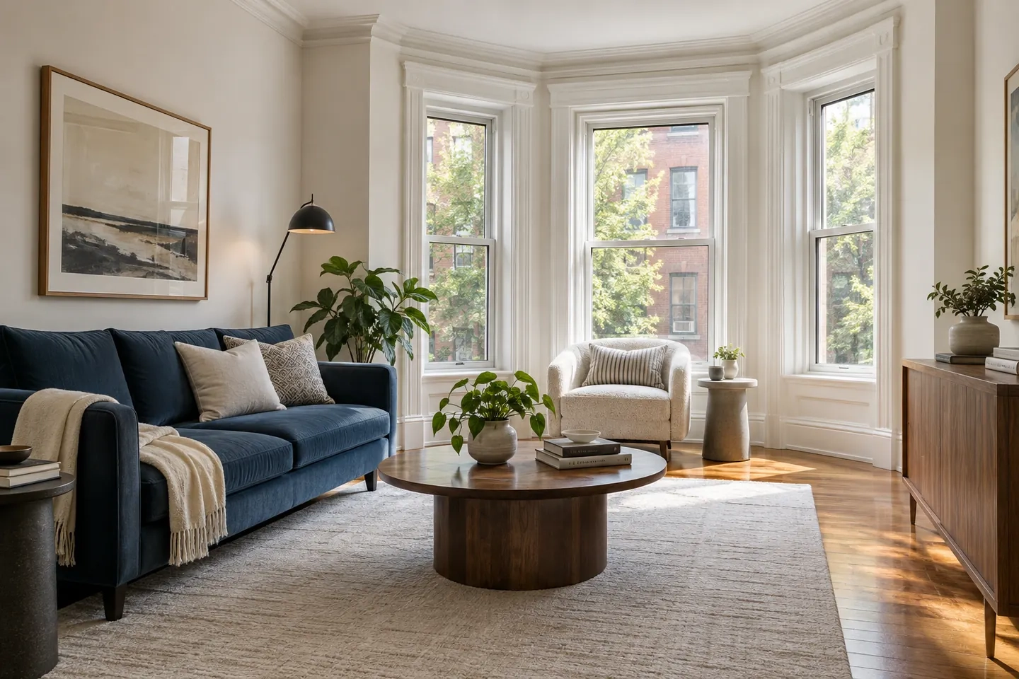 Illustration of a Boston-inspired condo living room with bay windows, a blue sofa and leafy street views
