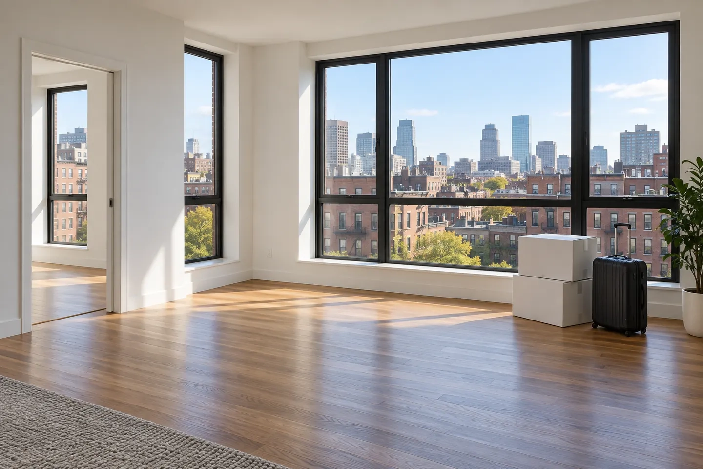 Boston-inspired illustration of moving boxes and a suitcase beside apartment windows overlooking brick buildings