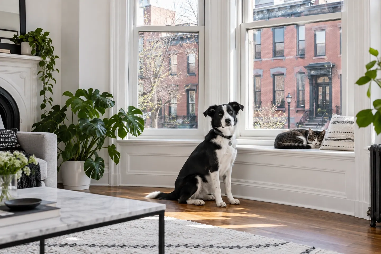 Boston-inspired illustration of a dog and cat beside apartment windows overlooking brick row houses
