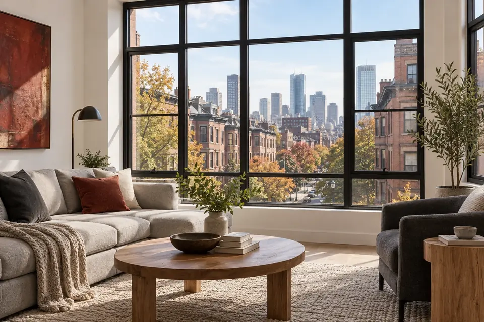 Boston-inspired apartment interior with large windows and a city view