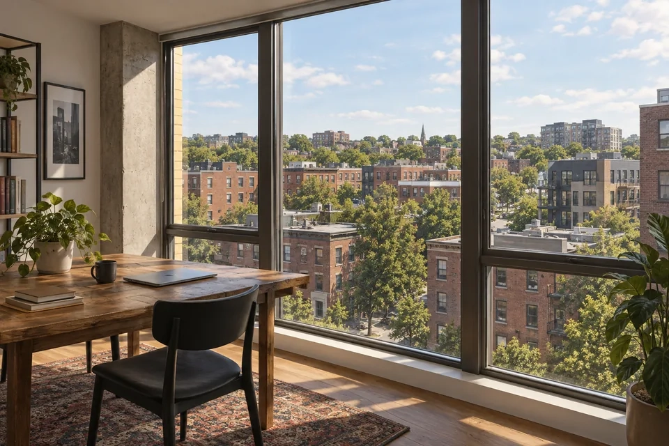 Illustration of an apartment workspace overlooking Boston-inspired brick buildings