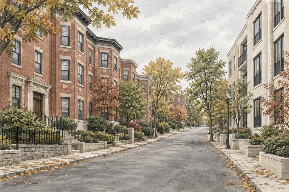Illustration of a leafy Boston-inspired street with brick and contemporary apartment facades