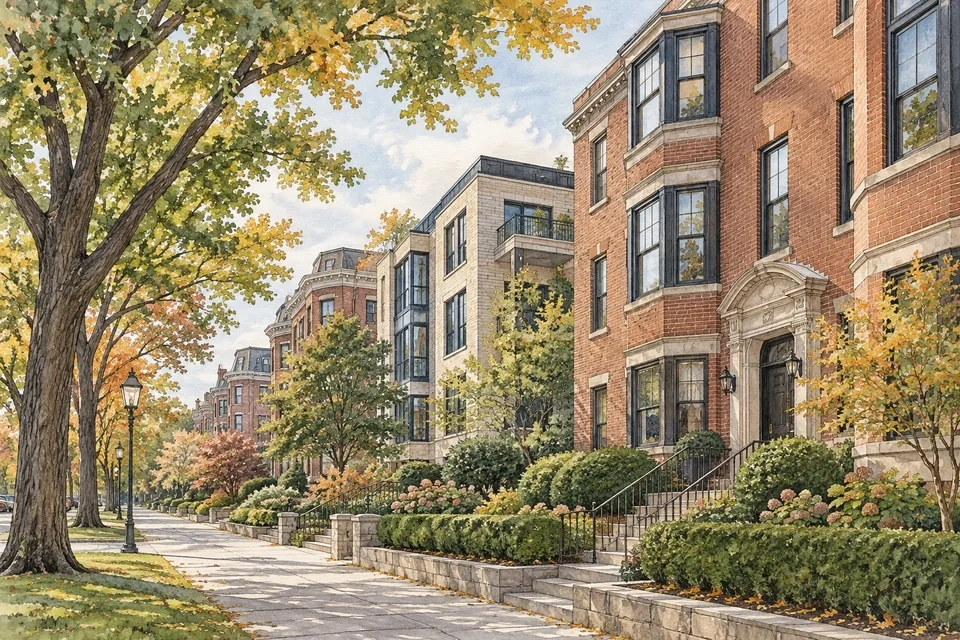 Illustration of a Brookline-inspired leafy residential street with brick apartment buildings