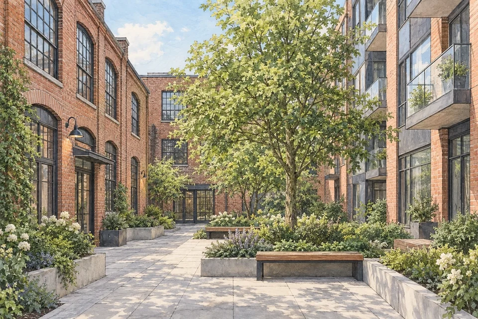 Illustration of an invented Cambridge-inspired courtyard with brick and contemporary apartment facades
