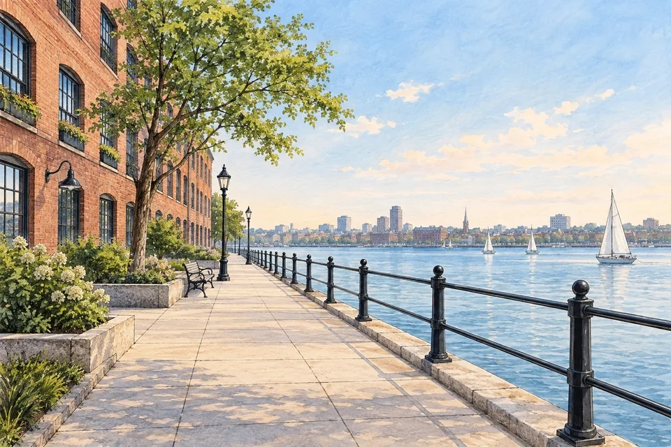 Illustration of an invented Charlestown-inspired harborwalk with brick architecture and open water