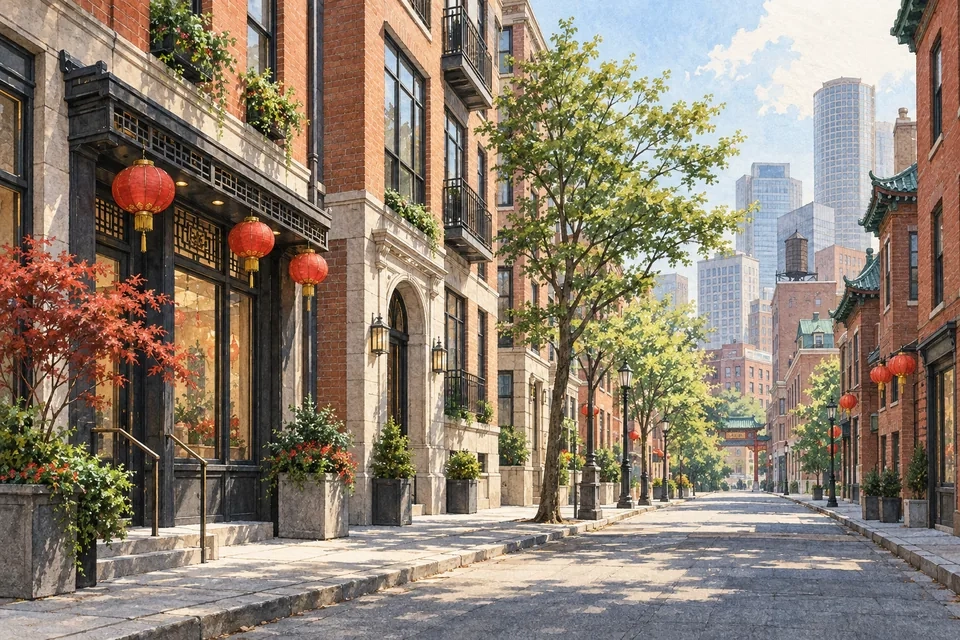 Illustration of an invented Chinatown-inspired street with brick buildings, red lanterns and trees