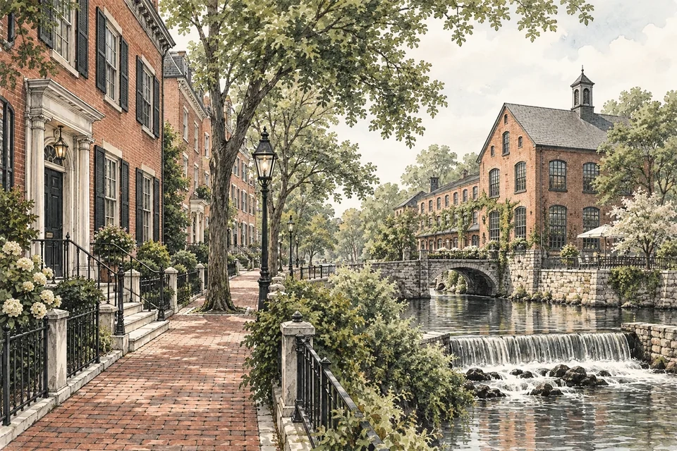 Architectural illustration of an invented converted mill beside a river