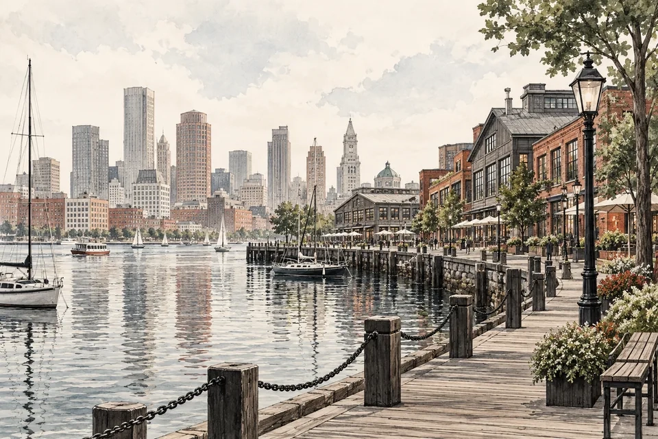 Architectural illustration of an invented harbor-side apartment street