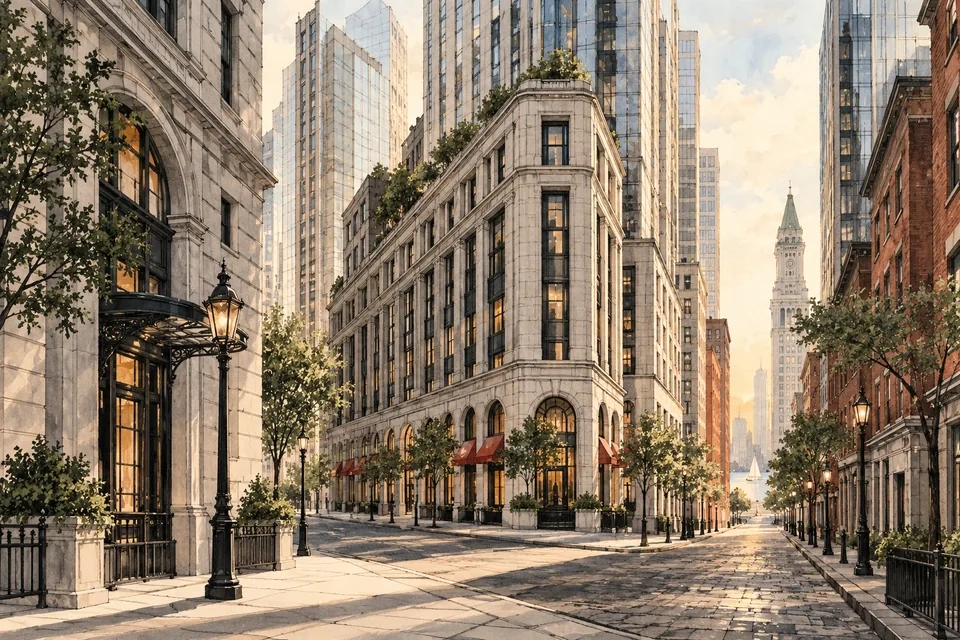 Architectural illustration of an invented downtown street with tall apartment buildings