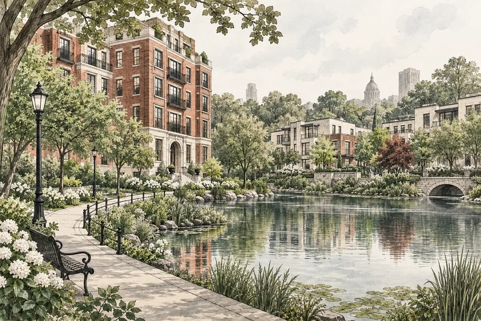 Architectural illustration of invented apartment buildings beside a leafy park and pond