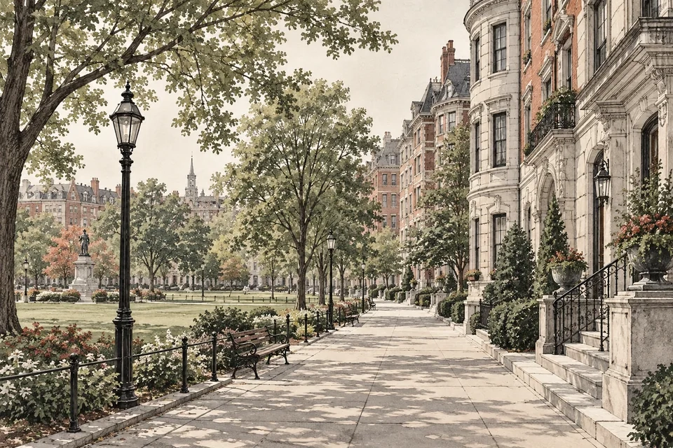 Architectural illustration of an invented downtown apartment street beside a city park