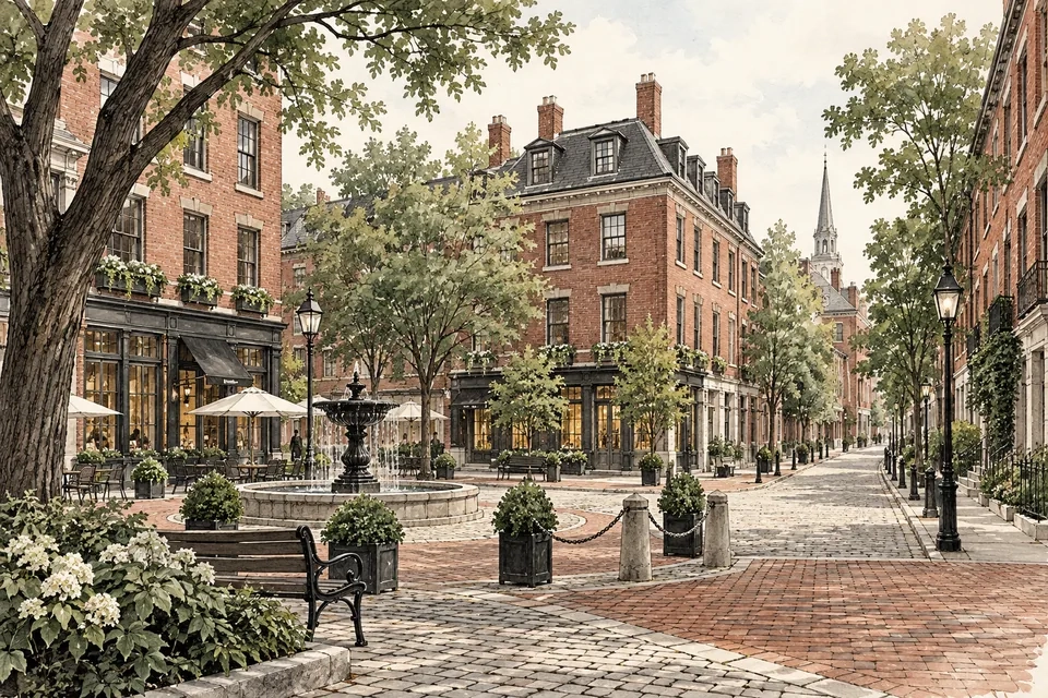 Architectural illustration of an invented village square with apartment buildings and trees