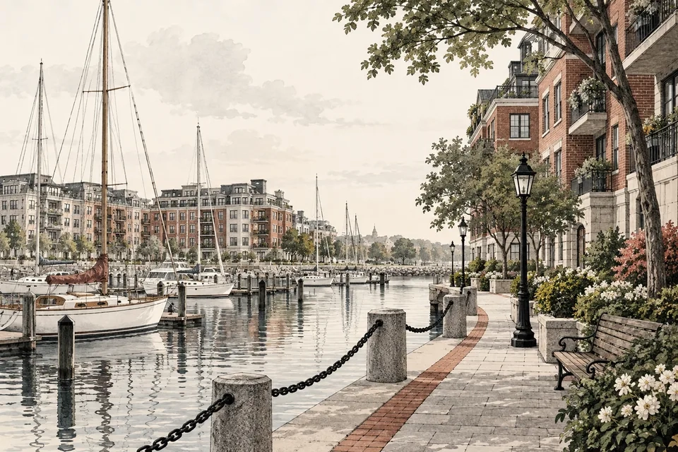 Architectural illustration of invented apartment buildings beside a marina