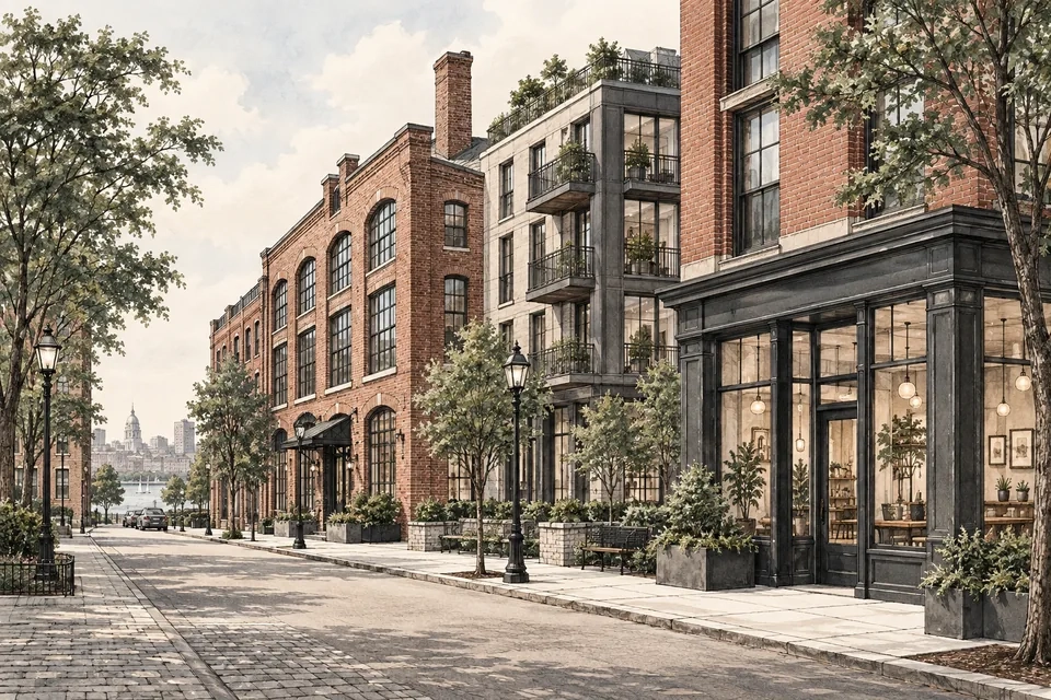 Architectural illustration of an invented brick apartment street with former industrial buildings