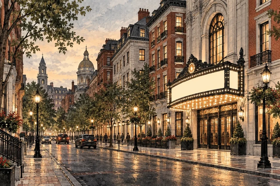 Architectural illustration of an invented evening apartment street with theatre marquees