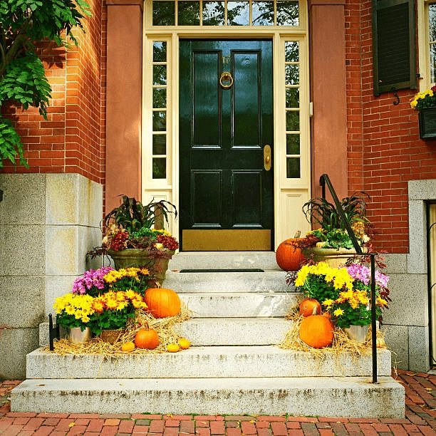 Brick entryway with a dark door, stone steps, pumpkins and flowers.