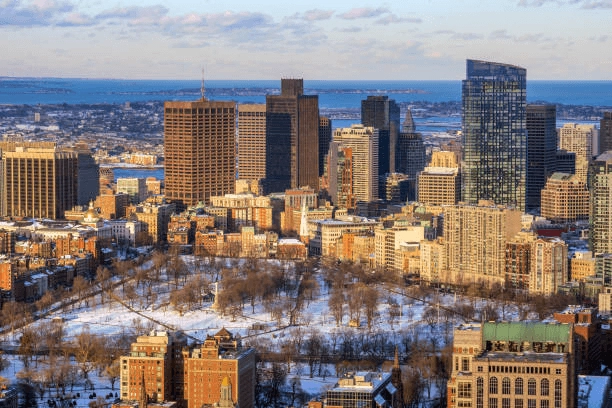 City skyline above a snow-covered park and surrounding rooftops.