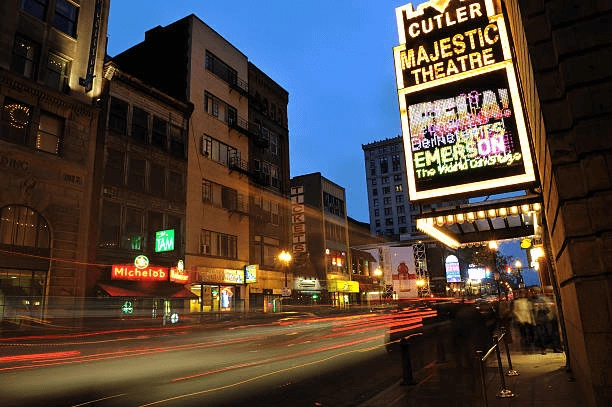 Cutler Majestic Theatre marquee above an evening street