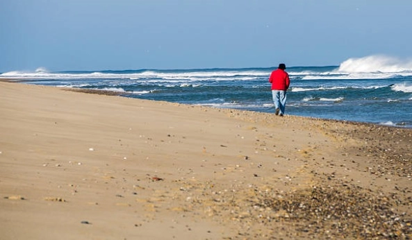 Person walking along a sandy beach beside breaking waves