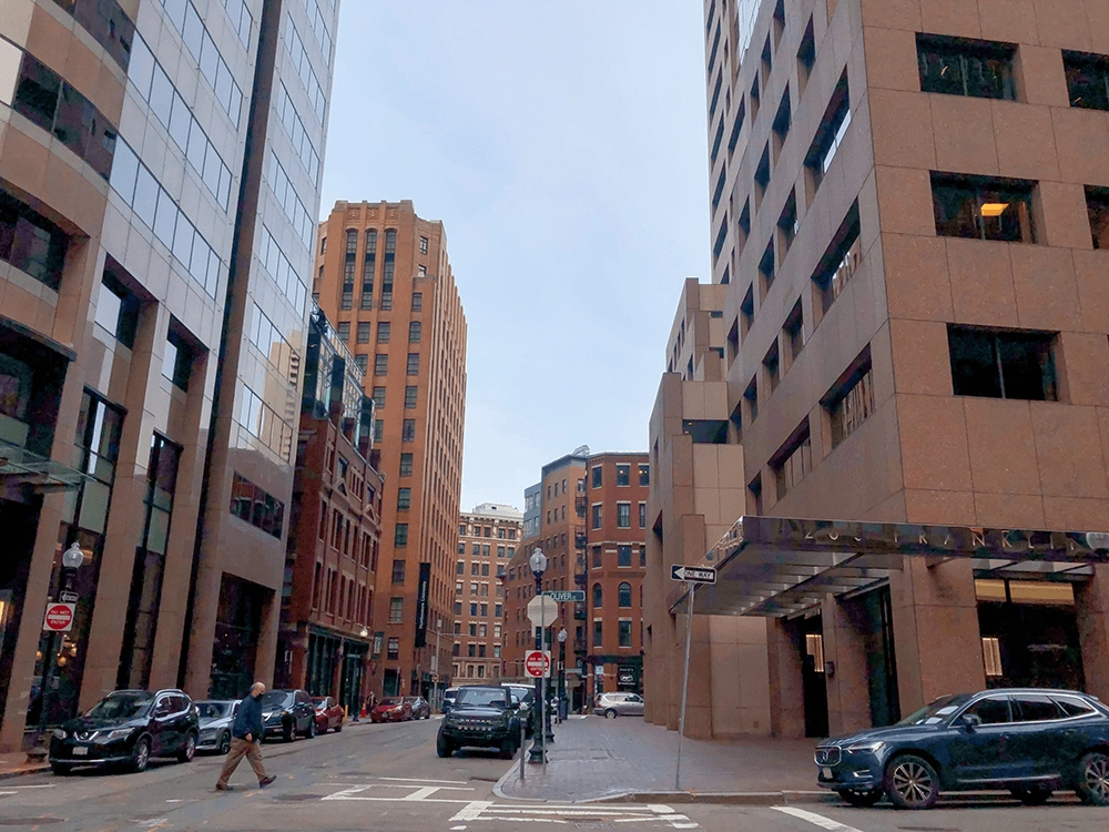 Street-level view of downtown Boston buildings from the original Financial District page