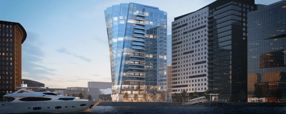 Architectural illustration of a faceted glass tower beside the waterfront.