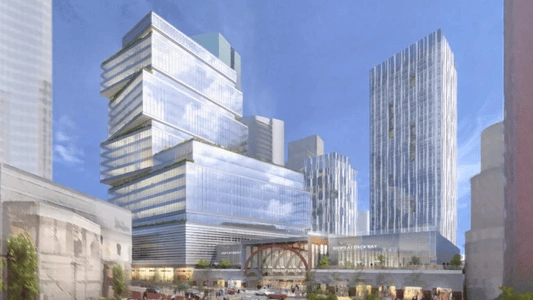 Rendering of proposed glass towers and a plaza at Back Bay station.