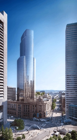 Rendering of a glass tower above the historic South Station building.