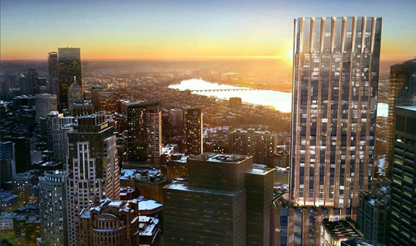 Architectural rendering of a tall glass tower in a city skyline.