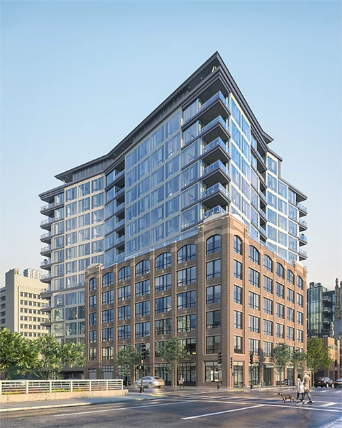 Architectural rendering of a brick-and-glass residential tower.