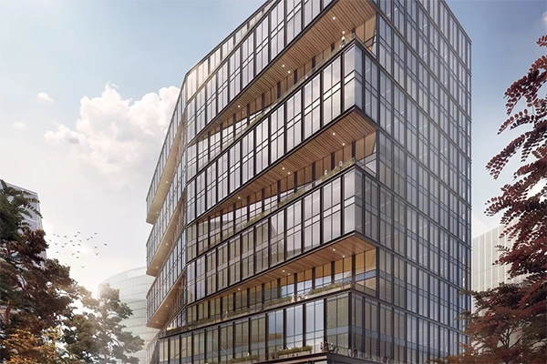 Rendering of a glass office building with recessed terraces.