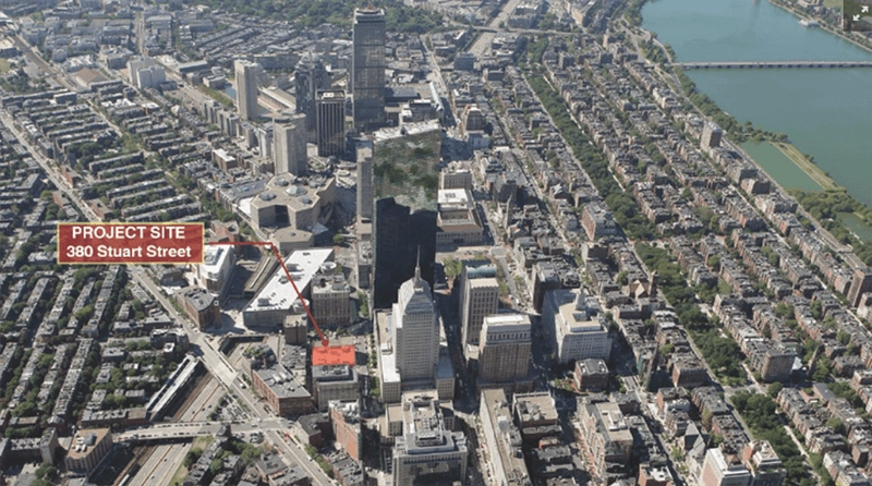 Annotated aerial view labeled Project Site 380 Stuart Street.