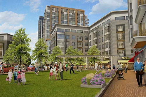 Rendering of apartment buildings around a landscaped plaza.