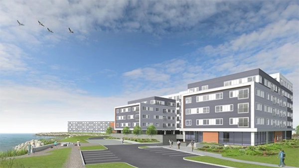 Rendering of waterfront apartments beside a path.