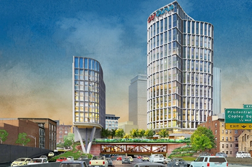 Rendering of glass office towers above a highway.