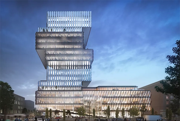 Rendering of a stacked glass academic building.