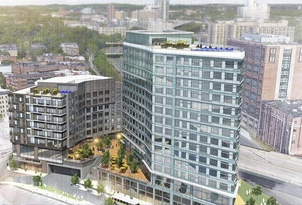 Architectural illustration of glass buildings and plazas.