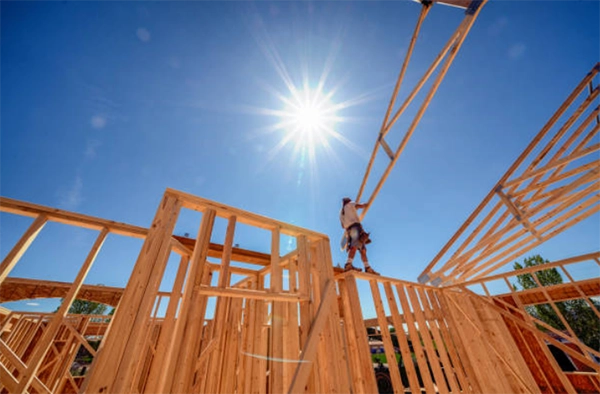 Worker among wood-framed walls and roof trusses.