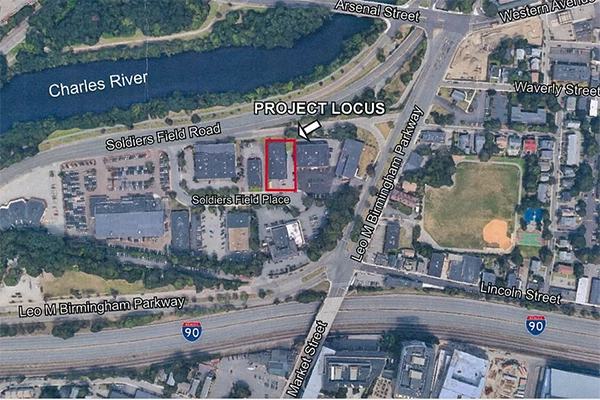 Annotated aerial view with Project Locus label near Soldiers Field Road.
