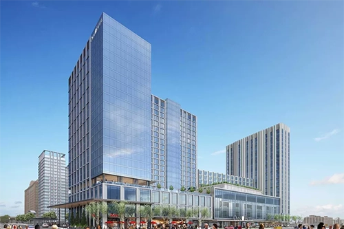 Architectural rendering of glass hotel buildings.