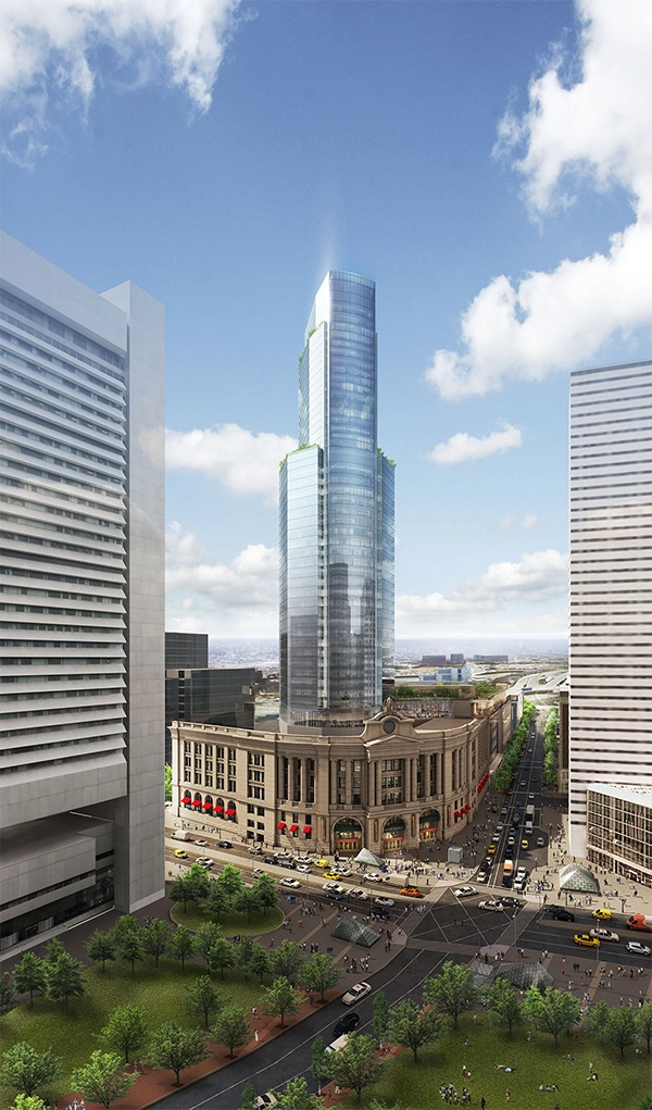 Rendering of a glass tower above a historic station.