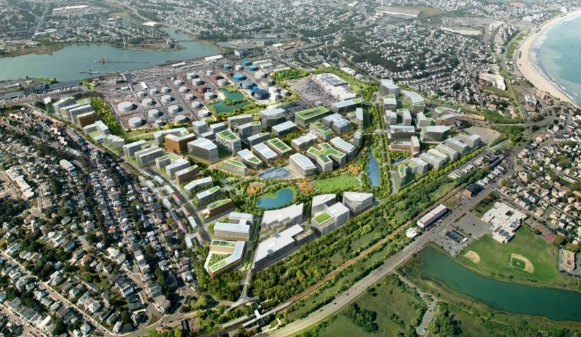 Aerial master-plan rendering with buildings and green spaces.