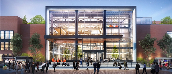 Rendering of a renovated building with a glazed central entrance.